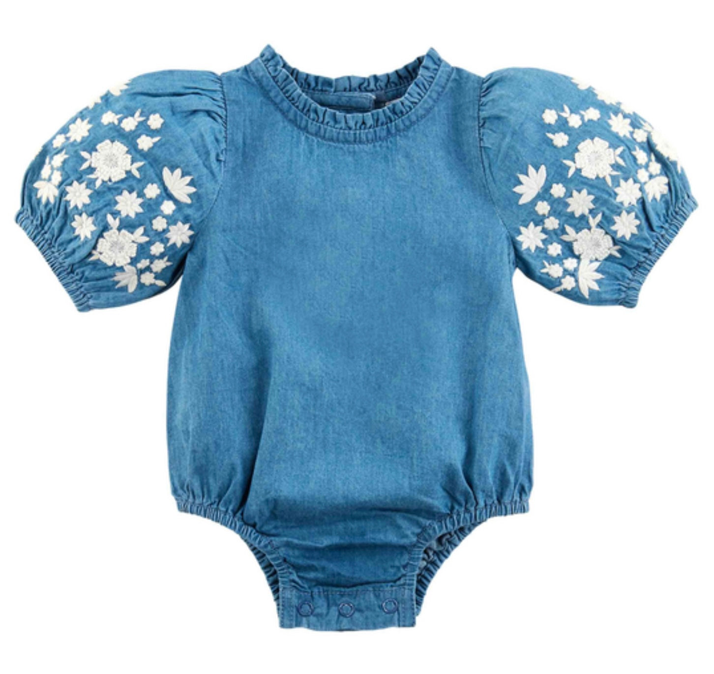 Denim Baby Romper with Embroidered Flowers by Mud Pie sold at Dilaru Boutique Nutley NJ